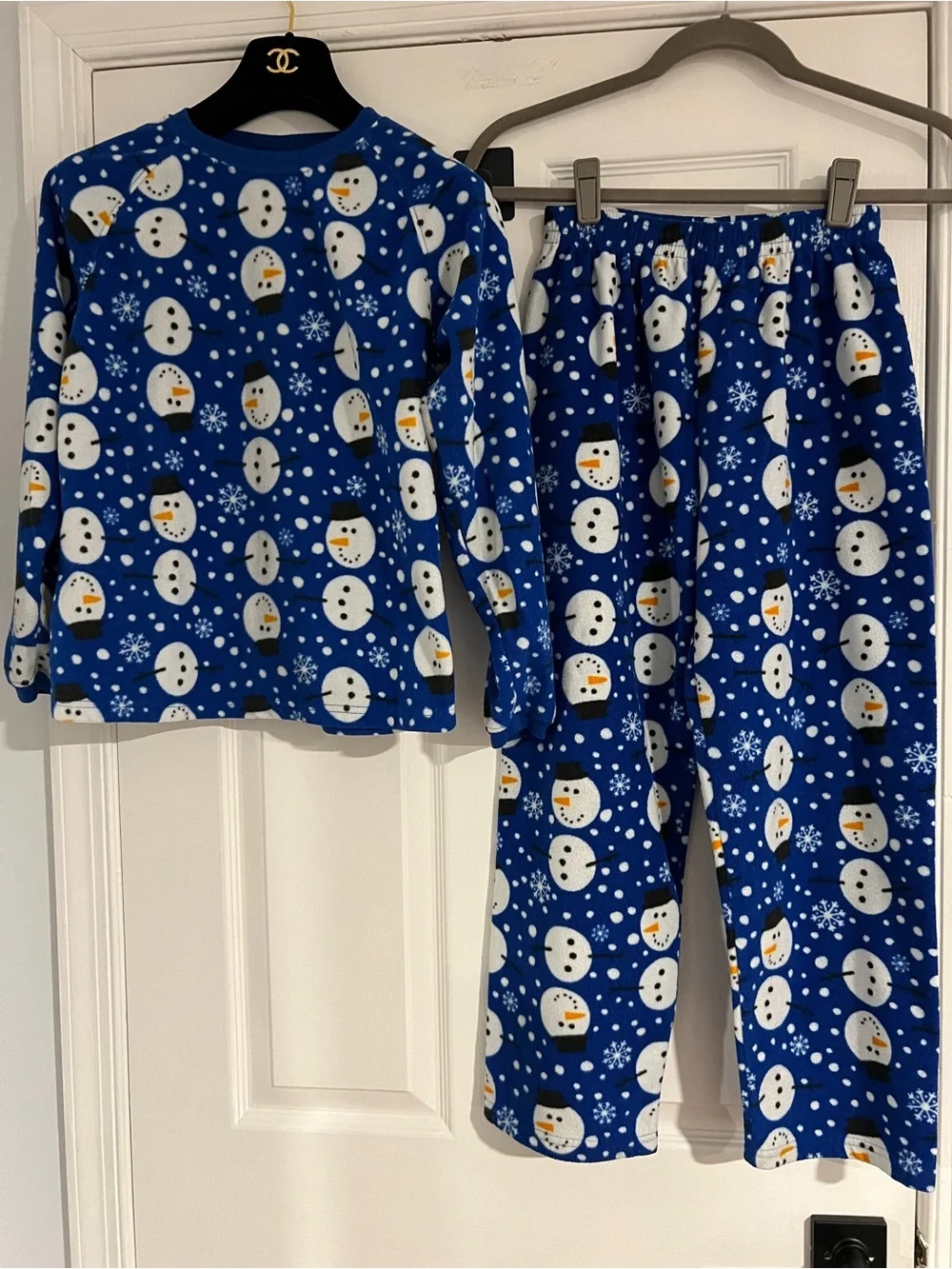Blue Snowman Pajama Set Cozy Long Sleeve Fleece Top & Pants Kids size 10 - 12